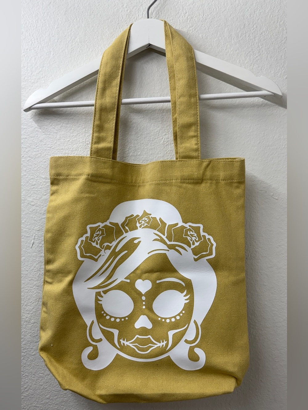 Mustard Yellow Canvas Tote with White Sugar Skull Graphic